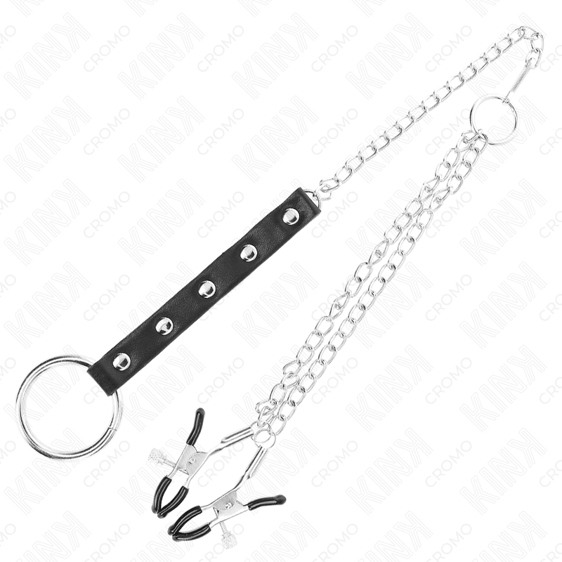 KINK - ANEL EM METAL PARA PÊNIS COM CORRENTE E PINÇAS PARA MAMILOS AJUSTÁVEIS