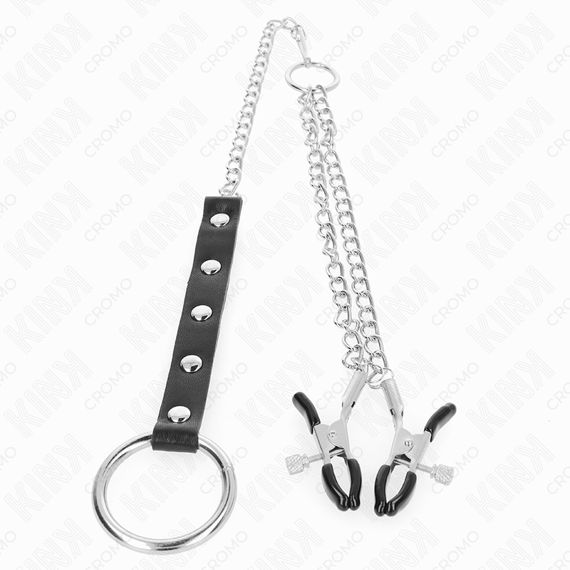 KINK - ANEL EM METAL PARA PÊNIS COM CORRENTE E PINÇAS PARA MAMILOS AJUSTÁVEIS