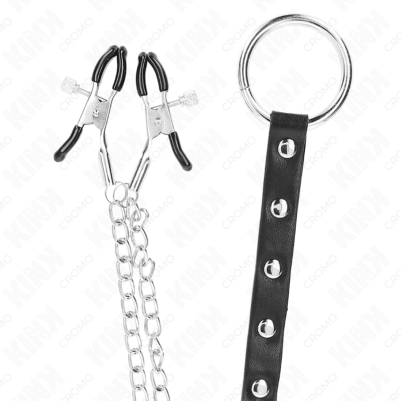 KINK - ANEL EM METAL PARA PÊNIS COM CORRENTE E PINÇAS PARA MAMILOS AJUSTÁVEIS