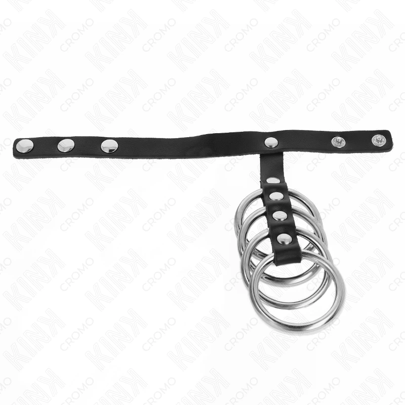 4 ANÉIS PENIANOS METAL 3,8 CM CONECTADOS COM CORREIA DE COURO 22 X 1,5 CM E FECHO DE PRESSÃO - Sex Shop Sexy