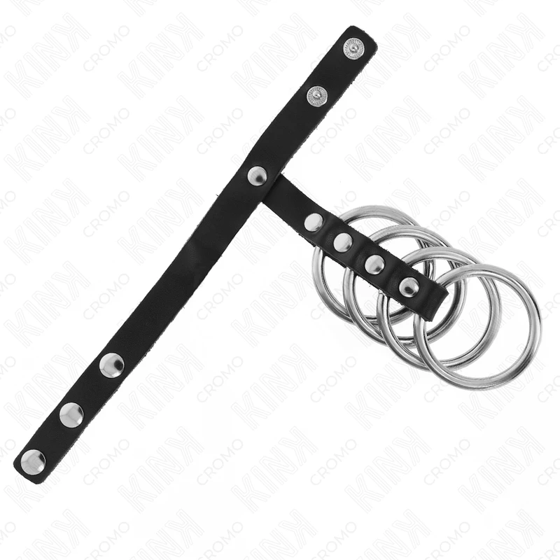 4 ANÉIS PENIANOS METAL 3,8 CM CONECTADOS COM CORREIA DE COURO 22 X 1,5 CM E FECHO DE PRESSÃO - Sex Shop Sexy