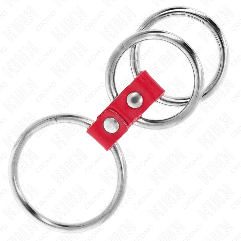 KINK - ANEL TRIPLO EM METAL PARA PÊNIS 3,7 CM A 5 CM LIGADO POR COURO VERMELHO