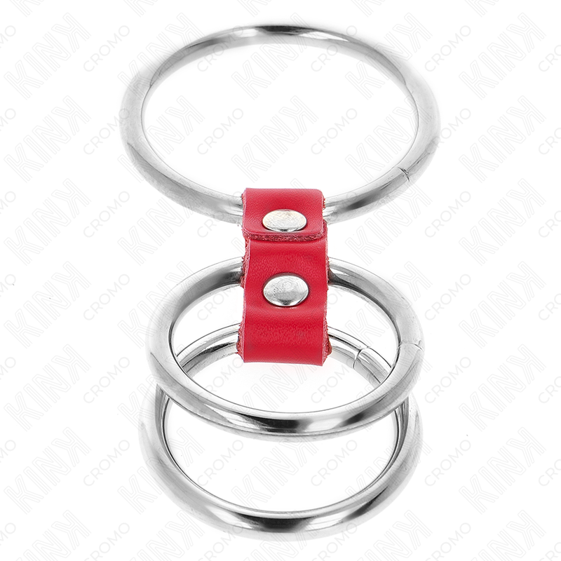 KINK - ANEL TRIPLO EM METAL PARA PÊNIS 3,7 CM A 5 CM LIGADO POR COURO VERMELHO