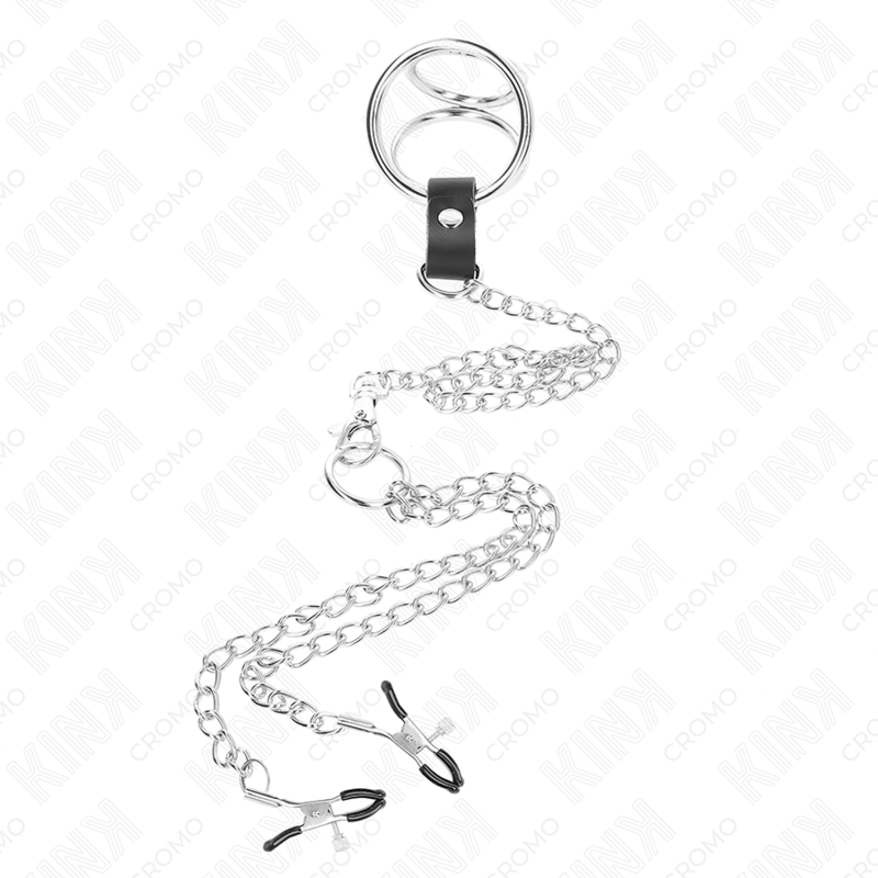 KINK - ANEL TRIPLO EM METAL CROMADO PARA PÊNIS 3,8 CM A 5 CM COM CORRENTE EM METAL 26 CM E PINÇAS PARA MAMILOS MODELO 1