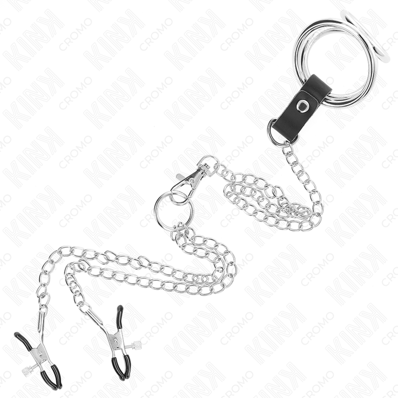 KINK - ANEL TRIPLO EM METAL CROMADO PARA PÊNIS 3 CM A 4,5 CM COM CORRENTE EM METAL 26 CM E PINÇAS PARA MAMILOS