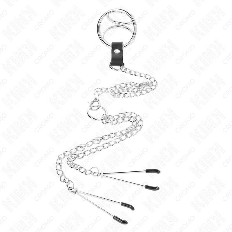 KINK - ANEL TRIPLO EM METAL CROMADO PARA PÊNIS 3,8 CM A 5 CM COM CORRENTE EM METAL 26 CM E PINÇAS PARA MAMILOS MODELO 2
