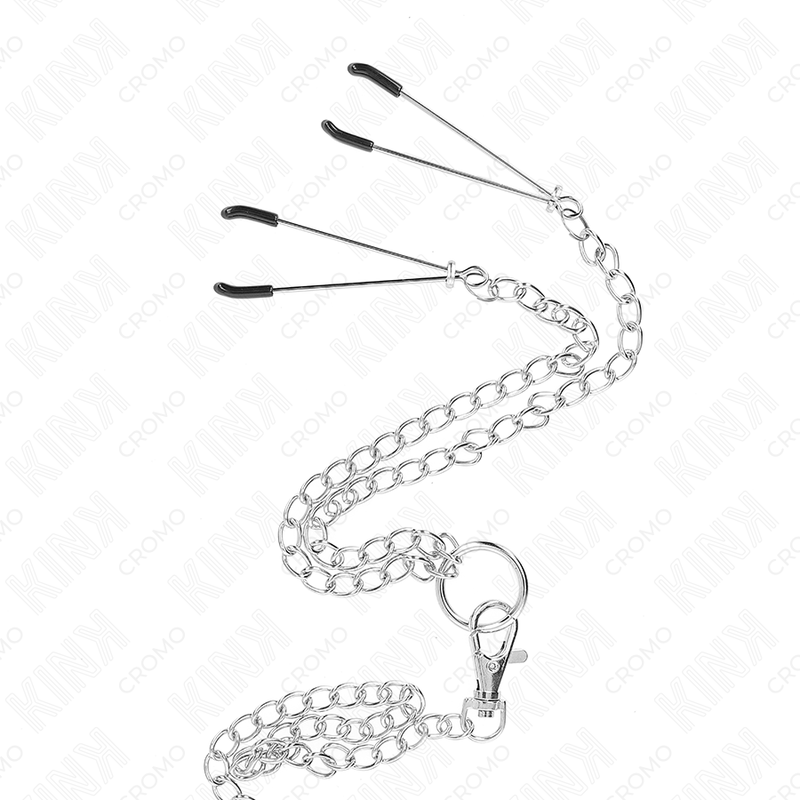 KINK - ANEL TRIPLO EM METAL CROMADO PARA PÊNIS 3,8 CM A 5 CM COM CORRENTE EM METAL 26 CM E PINÇAS PARA MAMILOS MODELO 2