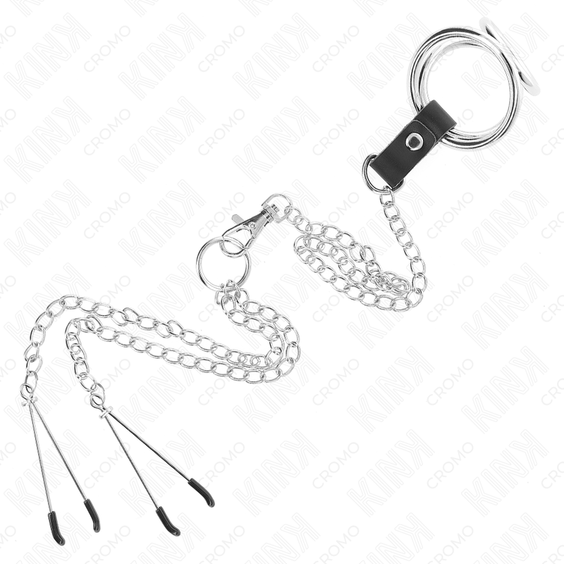 KINK - ANEL TRIPLO EM METAL CROMADO PARA PÊNIS 3,8 CM A 5 CM COM CORRENTE EM METAL 26 CM E PINÇAS PARA MAMILOS MODELO 2