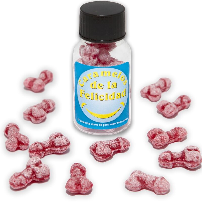 DIABLO PICANTE - FRASCO 12 REBUÇADOS DA FELICIDADE FORMA PÊNIS MORANGO/CEREJA