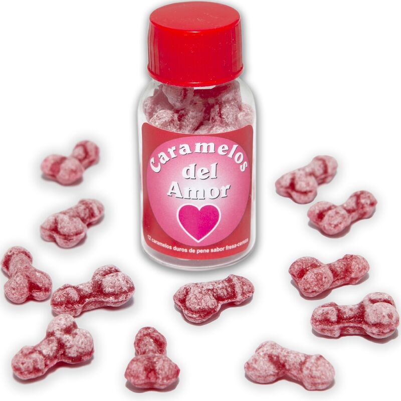 DIABLO PICANTE - 12 REBUÇADOS DO AMOR FORMA PÊNIS MORANGO/CEREJA