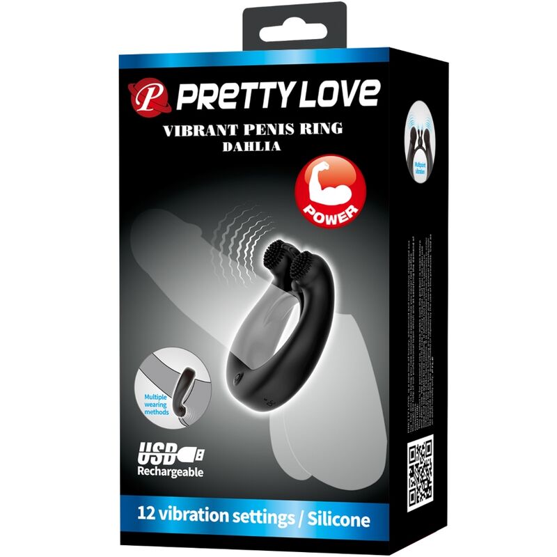 PRETTY LOVE - DAHLIA ANEL VIBRATÓRIO + ESTIMULADOR DE CLÍTORIS 12 VIBRAÇÕES PRETO