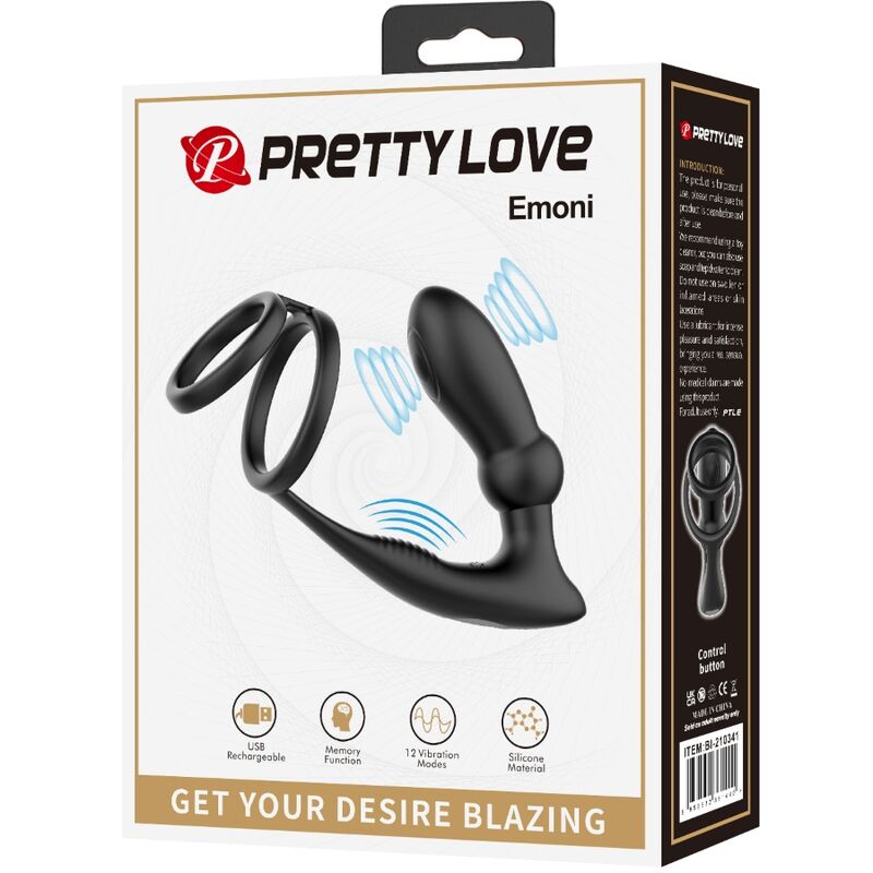 PRETTY LOVE - EMONI ANEL PARA PÉNIS + PLUG ANAL 12 VIBRAÇÕES PRETO