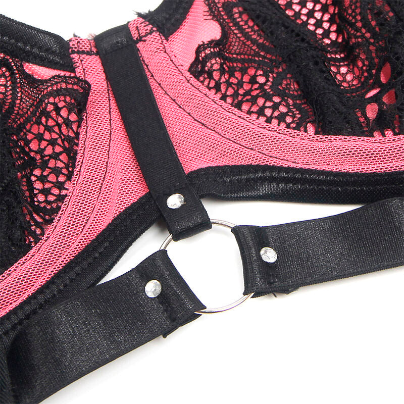 SUBBLIME - 955588 CONJUNTO DE SUTIÃ DE COURO VERDE COM ZÍPER DE MALHA ROSA L/XL