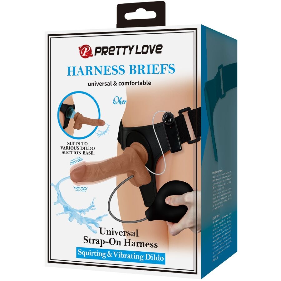 PRETTY LOVE - HARNESS BRIEFS UNIVERSAL COM DILDO VIBRAÇÃO E SQUIRTING 15.5 CM CASTANHO