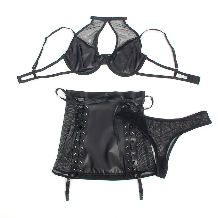 SUBBLIME - 957582 CONJUNTO DE SUTIÃ E SAIA DE COURO PRETO S/M