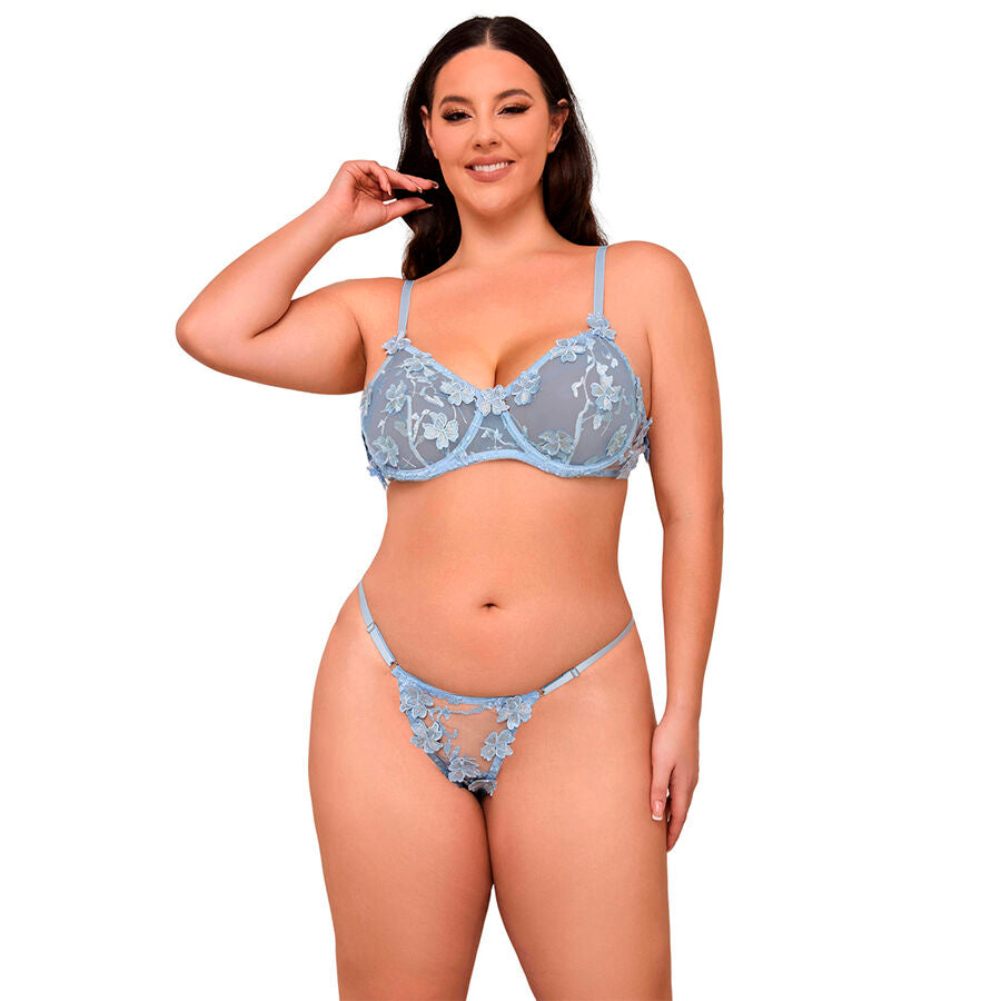 SUBBLIME - 957629 CONJUNTO DE SUTIÃ E CALCINHA BORDADOS COM FLORES AZUL CELESTE S/M