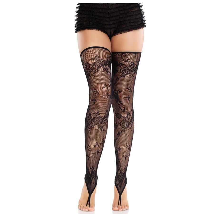 LEG AVENUE - MEIAS SEM PÉS DE RENDA FLORAL PRETAS