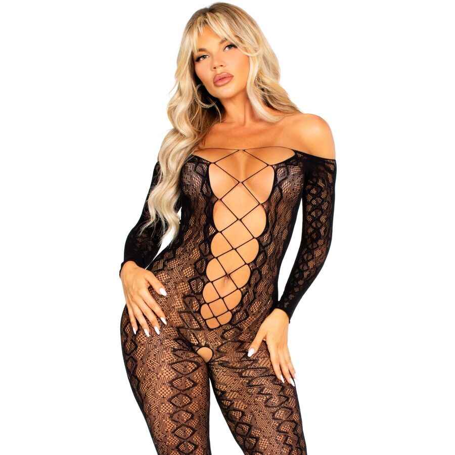 LEG AVENUE - BODYSTOCKING SEM FUNDO EM RENDA DE COBRA EXÓTICA PRETA