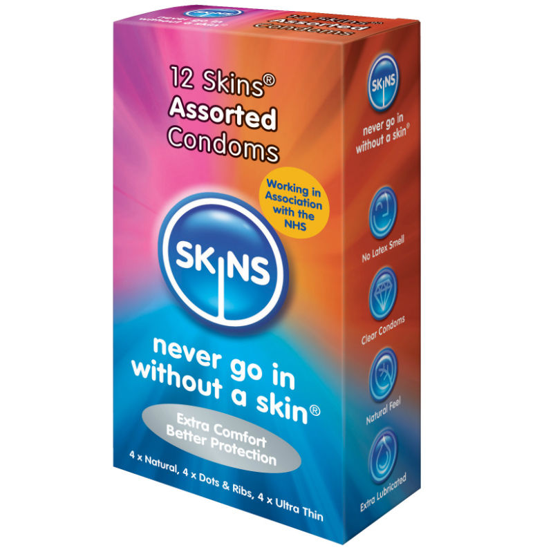 SKINS - PRESERVATIVOS NATURAL + FINO + PONTOS & ESTRIAS 12 UNIDADES - Sex Shop Sexy