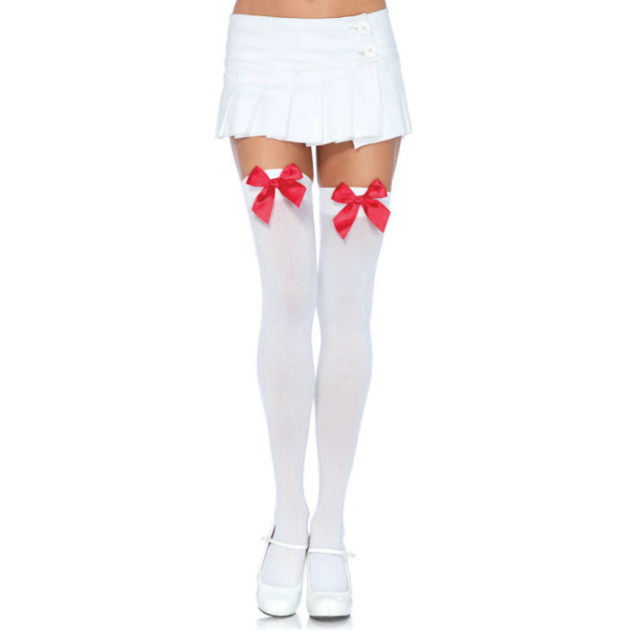 LEG AVENUE - MEIAS NYLON BRANCO COM LAÇO VERMELHO - Sex Shop Sexy