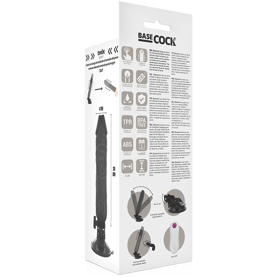BASECOCK - VIBRADOR DE CONTROLE REMOTO REALÍSTICO PRETO 20 CM -O- 4 CM
