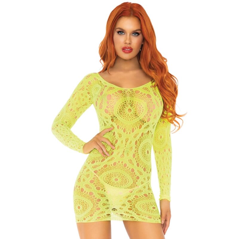 LEG AVENUE - MINI VESTIDO EM RENDA COM MANGA COMPRIDA NEON TAMANHO ÚNICO
