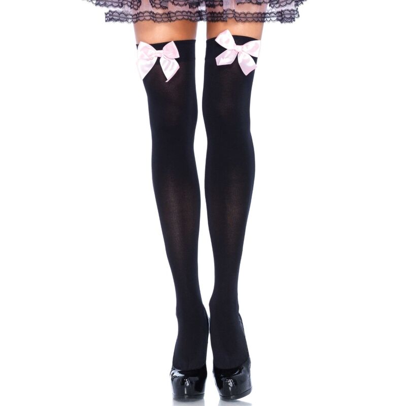 LEG AVENUE - MEIAS ALTAS PRETAS COM LAÇO ROSA TAMANHO ÚNICO