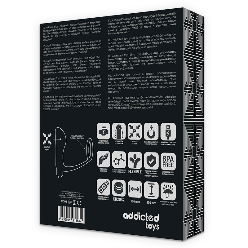 ADDICTED TOYS - ANEL PARA PÊNIS COM PLUG ANAL COM CONTROLO REMOTO RECARREGÁVEL PRETO